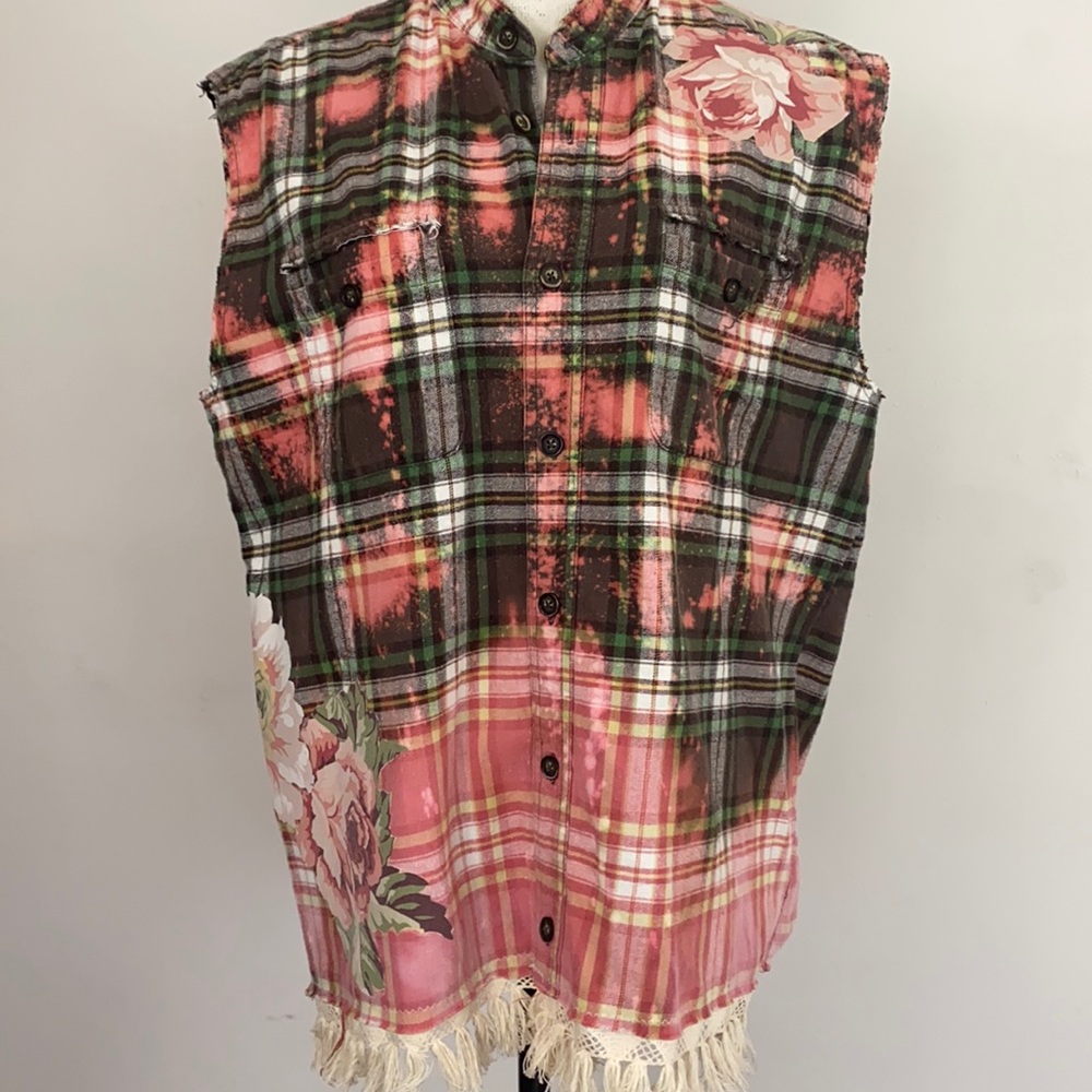Upcycled and tie dyed flannel vest Size M